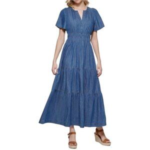 NWT Tommy Hilfiger Blue Chambray Flutter Sleeve Tiered Maxi Dress in Women’s 16